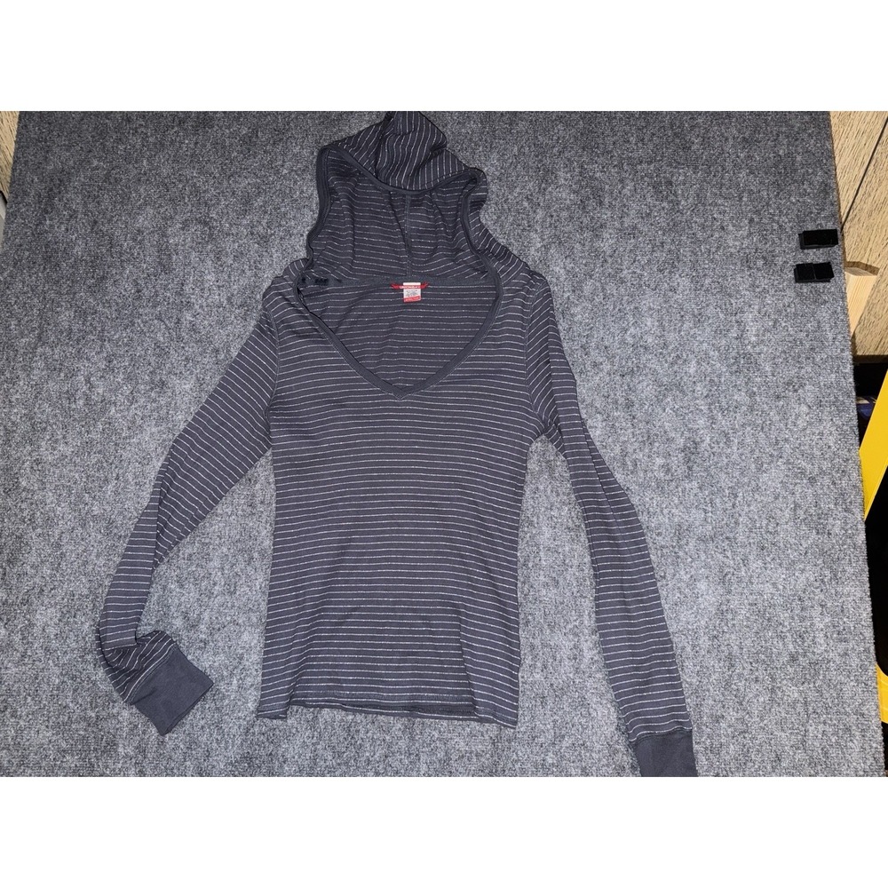 Y2K unionbay Hooded Thermal Top Striped Fitted Long Sleeve sparkly Size XL
